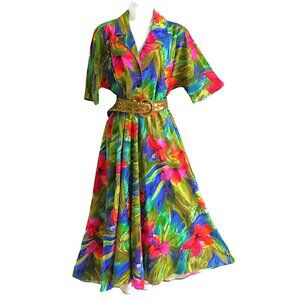 Vintage Jessica 80s Does 50s Dress Shirtwaist Floral Tropical Dolman Sleeves 12